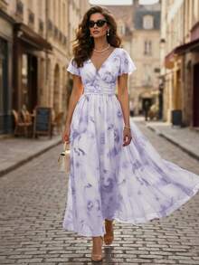 EMERY ROSE V-Neck Elegant Ruffle Hem Floral Print Waist Cinched A-Line Midi Dress, Romantic & Fashionable For Vacation - Multicolor - View 4