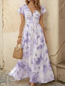EMERY ROSE V-Neck Elegant Ruffle Hem Floral Print Waist Cinched A-Line Midi Dress, Romantic & Fashionable For Vacation - Multicolor - View 1