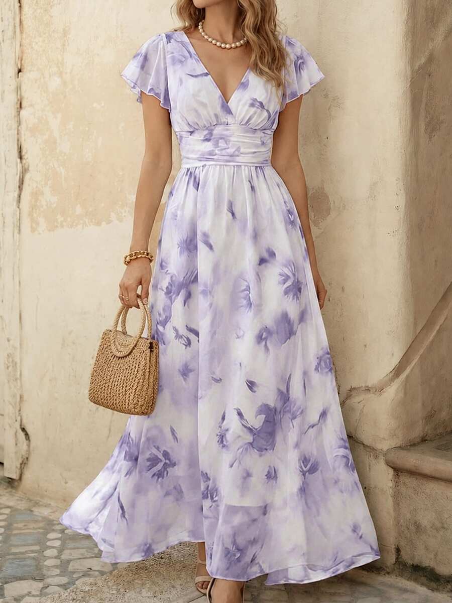 EMERY ROSE V-Neck Elegant Ruffle Hem Floral Print Waist Cinched A-Line Midi Dress, Romantic & Fashionable For Vacation - Multicolor - View 1