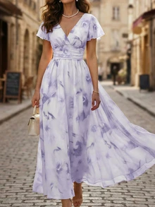EMERY ROSE V-Neck Elegant Ruffle Hem Floral Print Waist Cinched A-Line Midi Dress, Romantic & Fashionable For Vacation - Multicolor - View 6