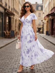 EMERY ROSE V-Neck Elegant Ruffle Hem Floral Print Waist Cinched A-Line Midi Dress, Romantic & Fashionable For Vacation - Multicolor - View 7