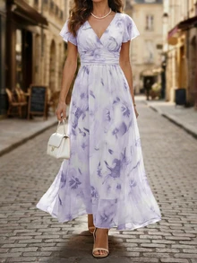 EMERY ROSE V-Neck Elegant Ruffle Hem Floral Print Waist Cinched A-Line Midi Dress, Romantic & Fashionable For Vacation - Multicolor - View 5