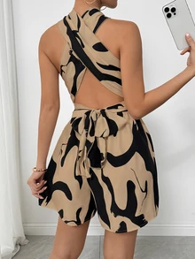 EMERY ROSE 1pc Women's Line Print Cross-Wrap Playsuit Romper, Vacation Wear - Coffee Brown - View 2