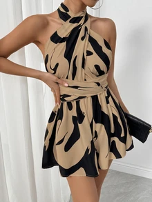 EMERY ROSE 1pc Women's Line Print Cross-Wrap Playsuit Romper, Vacation Wear - Coffee Brown - View 4