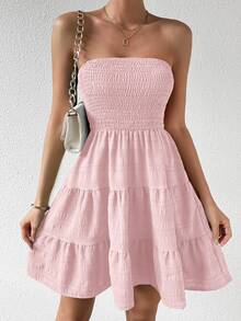 EMERY ROSE Women's Summer Beach Vacation Minimalist Solid Color Textured Fabric Tiered Hem Strapless Short Dress - Pink - View 8