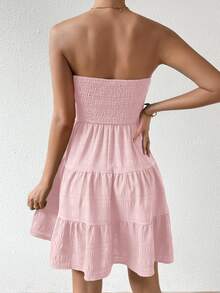EMERY ROSE Women's Summer Beach Vacation Minimalist Solid Color Textured Fabric Tiered Hem Strapless Short Dress - Pink - View 2