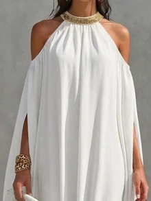 EMERY ROSE Draped Cold Shoulder Gold Sequin Embroidery Decor V-Neck Slit Long Sleeve Dress For Women - White - View 4