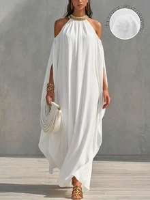 EMERY ROSE Draped Cold Shoulder Gold Sequin Embroidery Decor V-Neck Slit Long Sleeve Dress For Women - White - View 3