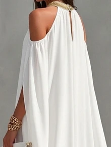 EMERY ROSE Draped Cold Shoulder Gold Sequin Embroidery Decor V-Neck Slit Long Sleeve Dress For Women - White - View 6