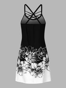 EMERY ROSE Women's Criss-Cross V-Neck Colorful Floral Printed Sleeveless Dress - Black and White - View 2