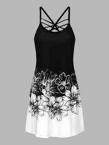 EMERY ROSE Women's Criss-Cross V-Neck Colorful Floral Printed Sleeveless Dress - Black and White - View 4