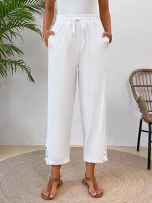 EMERY ROSE Patchwork Soluble Lace Elastic Waist Slant Pocket Relaxed Fit Straight Leg Pants - White - View 6