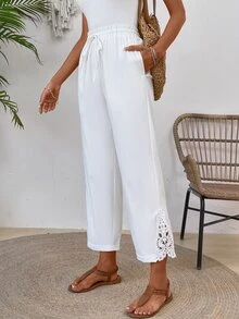 EMERY ROSE Patchwork Soluble Lace Elastic Waist Slant Pocket Relaxed Fit Straight Leg Pants - White - View 4