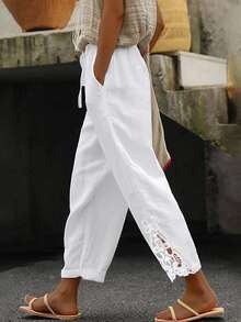 EMERY ROSE Patchwork Soluble Lace Elastic Waist Slant Pocket Relaxed Fit Straight Leg Pants - White - View 3