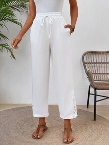 EMERY ROSE Patchwork Soluble Lace Elastic Waist Slant Pocket Relaxed Fit Straight Leg Pants - White - View 7