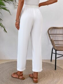 EMERY ROSE Patchwork Soluble Lace Elastic Waist Slant Pocket Relaxed Fit Straight Leg Pants - White - View 2