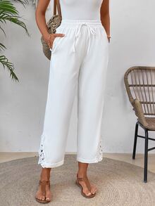 EMERY ROSE Patchwork Soluble Lace Elastic Waist Slant Pocket Relaxed Fit Straight Leg Pants - White - View 8