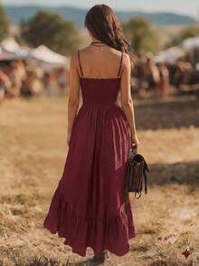 EMERY ROSE Nomadic Bohemian Casual Vacation High-Low Hem Rope Waist Mid-Length Dress For Women - Burgundy - View 2