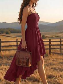 EMERY ROSE Nomadic Bohemian Casual Vacation High-Low Hem Rope Waist Mid-Length Dress For Women - Burgundy - View 8