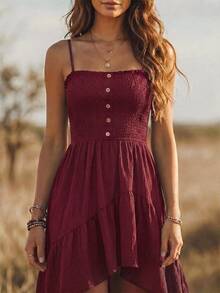 EMERY ROSE Nomadic Bohemian Casual Vacation High-Low Hem Rope Waist Mid-Length Dress For Women - Burgundy - View 4