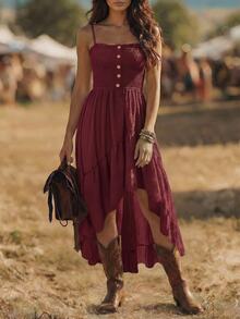 EMERY ROSE Nomadic Bohemian Casual Vacation High-Low Hem Rope Waist Mid-Length Dress For Women - Burgundy - View 7