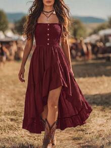 EMERY ROSE Nomadic Bohemian Casual Vacation High-Low Hem Rope Waist Mid-Length Dress For Women - Burgundy - View 3