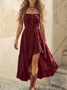 EMERY ROSE Nomadic Bohemian Casual Vacation High-Low Hem Rope Waist Mid-Length Dress For Women - Burgundy - View 1