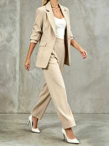 EMERY ROSE Women's Solid Color Lapel NeckLong Sleeve Blazer And Pants Casual Office Commute Suit - Khaki - View 5