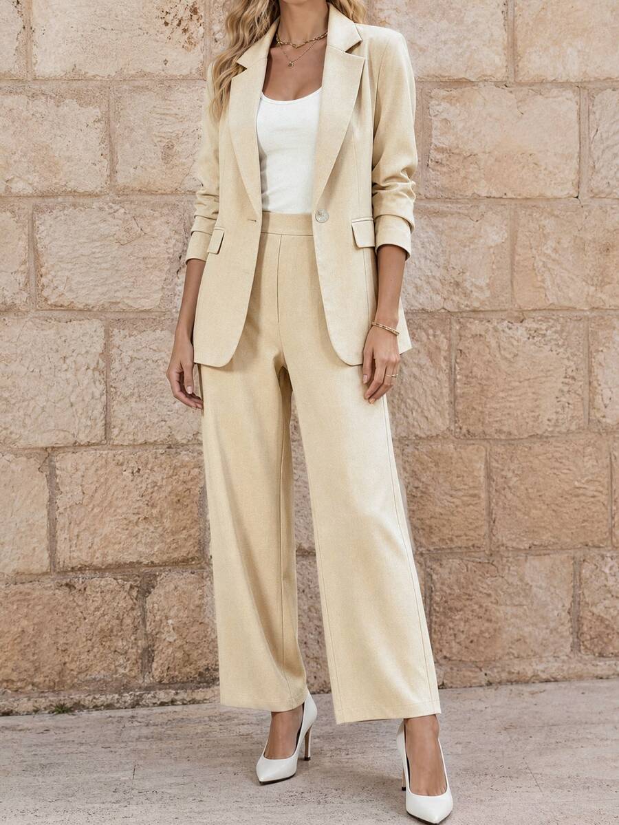 EMERY ROSE Women's Solid Color Lapel NeckLong Sleeve Blazer And Pants Casual Office Commute Suit - Khaki - View 1