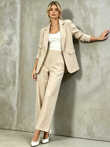 EMERY ROSE Women's Solid Color Lapel NeckLong Sleeve Blazer And Pants Casual Office Commute Suit - Khaki - View 6