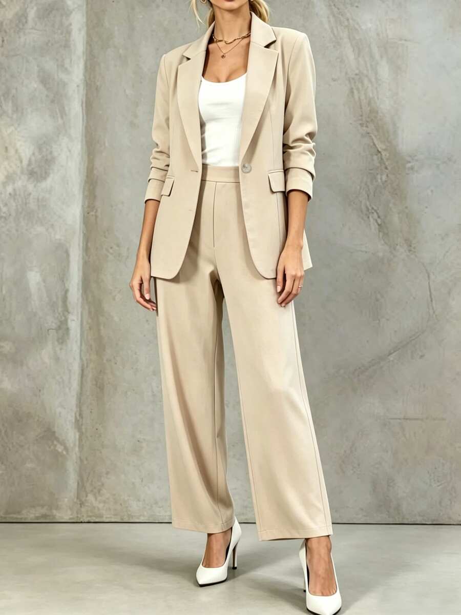 EMERY ROSE Traje casual de oficina de mujer con blazer de manga larga y cuello solapa y pantalones de unicolor - Caqui - Ver 1