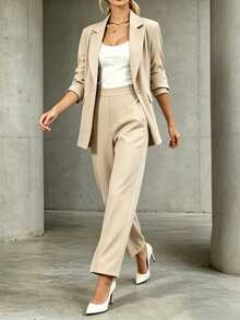 EMERY ROSE Women's Solid Color Lapel NeckLong Sleeve Blazer And Pants Casual Office Commute Suit - Khaki - View 4