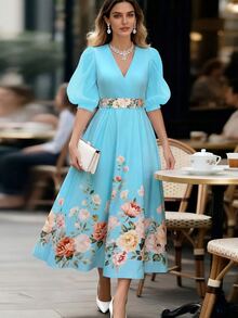 EMERY ROSE Women's Floral Print V-Neck Puff Sleeve Dress, Elegant - Baby Blue - View 5