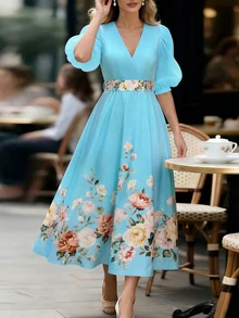 EMERY ROSE Women's Floral Print V-Neck Puff Sleeve Dress, Elegant - Baby Blue - View 4