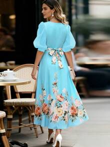 EMERY ROSE Women's Floral Print V-Neck Puff Sleeve Dress, Elegant - Baby Blue - View 2