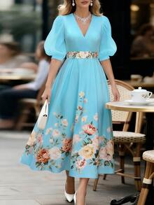EMERY ROSE Women's Floral Print V-Neck Puff Sleeve Dress, Elegant - Baby Blue - View 7