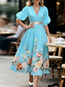 EMERY ROSE Women's Floral Print V-Neck Puff Sleeve Dress, Elegant - Baby Blue - View 6