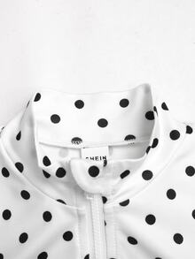 SHEIN 青少年女孩休閒運動瑜伽黑白波點印花立領拉鍊長袖外套/修身背心/交叉腰騎行緊身褲3件套秋冬穿搭 - 黑與白 - 查看 6