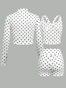 SHEIN 青少年女孩休閒運動瑜伽黑白波點印花立領拉鍊長袖外套/修身背心/交叉腰騎行緊身褲3件套秋冬穿搭 - 黑與白 - 查看 2
