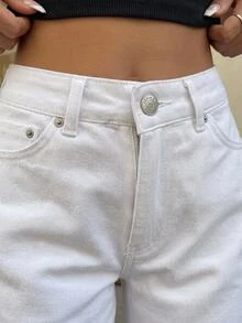 SHEIN Solid All White Casual Wide Leg Denim Pants With Pockets Travel Summer Everyday - White - View 7
