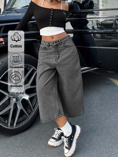 SHEIN شورت جينز طويل بخصر منخفض بلون رمادي مغسول بقصة عادية وأزرار أمامية بأسلوب كاجوال Y2K