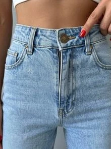 SHEIN بنطلون جينز طويل بخصر عالي كاجوال بأزرار أمامية بقصة عادية بلون أزرق فاتح مستقيم للاستخدام اليومي والمدرسة والصيف - أزرق متوسط - مشاهدة 6