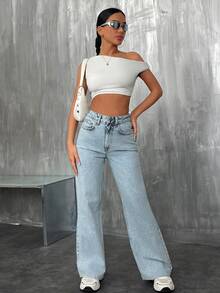 SHEIN Solid Light Blue Casual Streetwear Wide Leg Denim Pants With Pockets Vacation Travel Summer - Light Wash - View 6