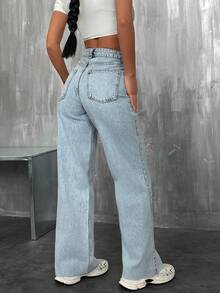 SHEIN Solid Light Blue Casual Streetwear Wide Leg Denim Pants With Pockets Vacation Travel Summer - Light Wash - View 2