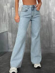 SHEIN Solid Light Blue Casual Streetwear Wide Leg Denim Pants With Pockets Vacation Travel Summer - Light Wash - View 4