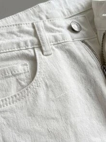 SHEIN Petite High Waist Casual Style Button Front Regular Fit White Color Rinse Wash Straight Jean Holiday Everyday Summer - White - View 7