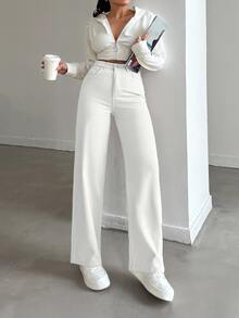 SHEIN Petite High Waist Casual Style Button Front Regular Fit White Color Rinse Wash Straight Jean Holiday Everyday Summer - White - View 5