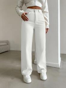 SHEIN Petite High Waist Casual Style Button Front Regular Fit White Color Rinse Wash Straight Jean Holiday Everyday Summer - White - View 3