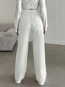 SHEIN Petite High Waist Casual Style Button Front Regular Fit White Color Rinse Wash Straight Jean Holiday Everyday Summer - White - View 2