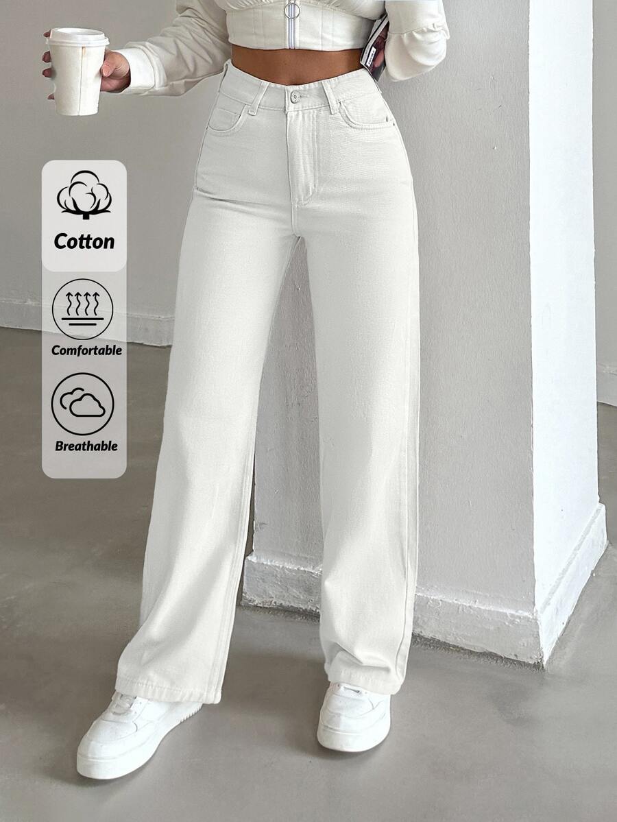 SHEIN Petite High Waist Casual Style Button Front Regular Fit White Color Rinse Wash Straight Jean Holiday Everyday Summer - White - View 1